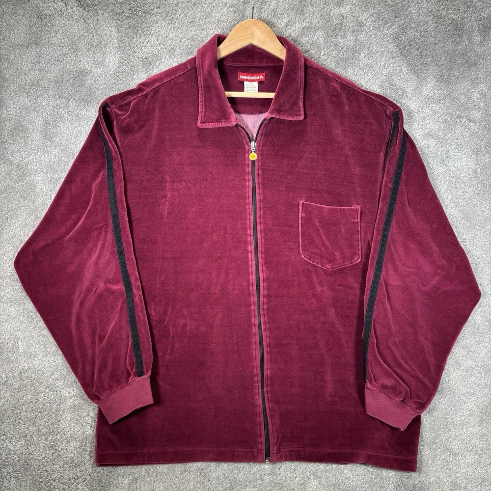 Vintage Unionbay Shirt Jacket Mens M Full Zip Burgundy Red Velour Striped Y2K